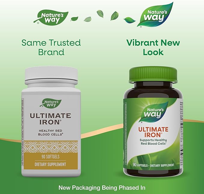 Nature’s Way Ultimate Iron, Supports Healthy Red Blood Cells,* Supports Cellular Energy Production*, 50 mg per 2-Softgel Serving, Gluten-Free, 90 Softgels (Packaging May Vary)