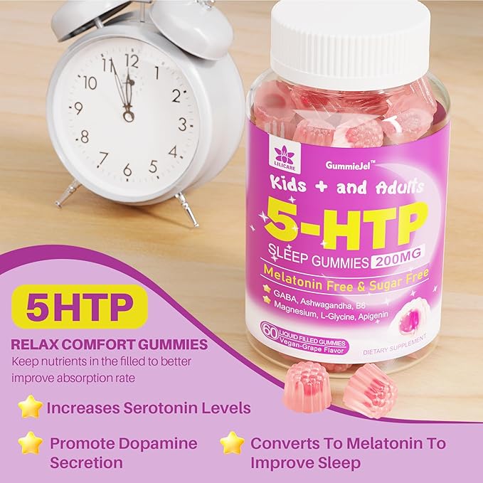 5HTP Gummies for Adults & Kids 8+, Melatonin Free Gummies with Magnesium Glycinate, GABA, L-Glycine, Ashwagandha, Vitamin B6 for Delicious Zzzs, Brain & Muscle Relaxation, 0 Sugar 60 Count (Pack of 2)