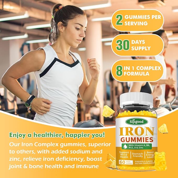 Iron Gummies for Women & Men - Vegan Iron Supplement for Anemia & Iron Deficiency, with Vitamin B12, Vitamin C, Zinc, Folate - Energy Boost, Sugar-Free, Pineapple Flavor, 60 Count