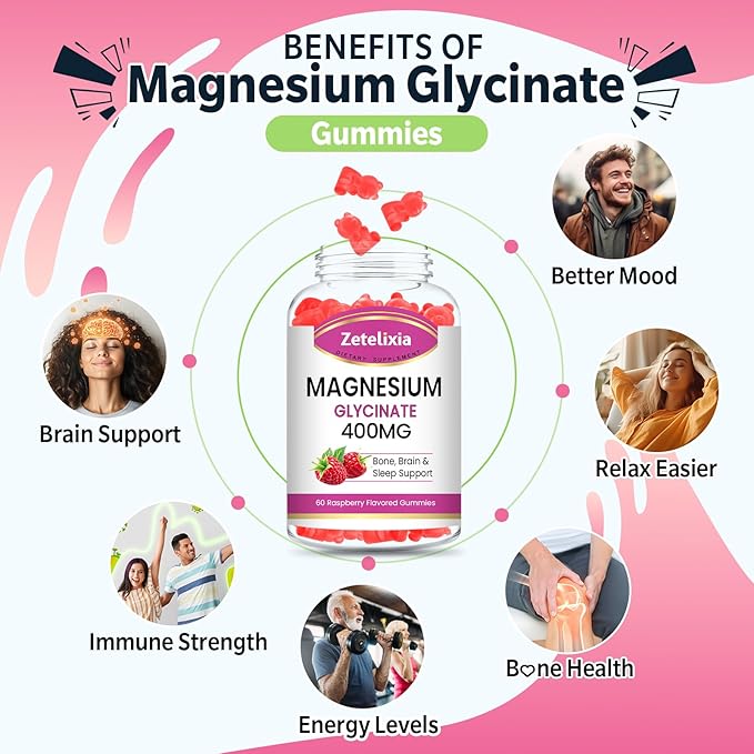 2 Pack Magnesium Glycinate Gummies, High Absorption Magnesium Glycinate Supplements for Relaxation, Sugar Free Chews for Adults & Kids, Relax Mood, Raspberry Flavor, 120 Count