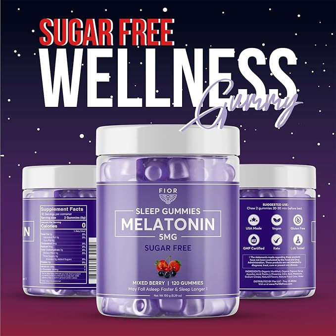 FIOR Sugar Free 120-Count Sleep Aid & Calm Gummies, Melatonin Gummies Sleep Aids for Adults & Kids. Gummy Vitamins for Sleep. Adults & Kids Melatonin & L-Theanine Gummies Natural Herbal Sleep Aid.