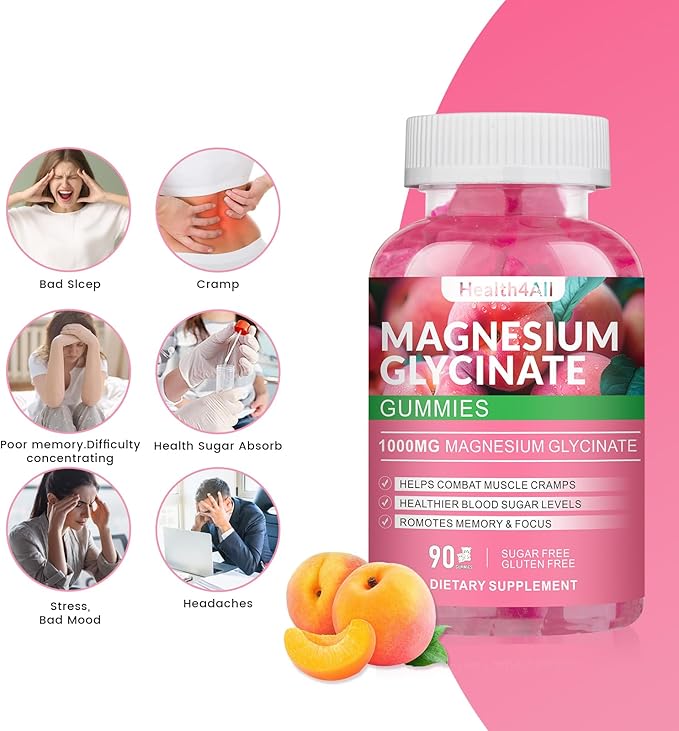 Magnesium Glycinate Gummies 1000mg, High Absorption Sugar Free Magnesium Potassium Supplement for Relaxation, Stress Relief, and Sleep Support for Adults & Kids - 90 Peach Gummies