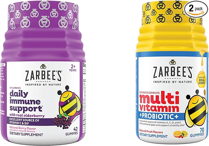 Zarbee's Kids Daily Immune Support & Kids Multivitamin + Probiotic Multipack, Immune Support Gummies with Elderberry, Vitamin C & Zinc, 42 ct, & Children's Vitamins + Probiotic Gummies, 70 ct, 2 Items