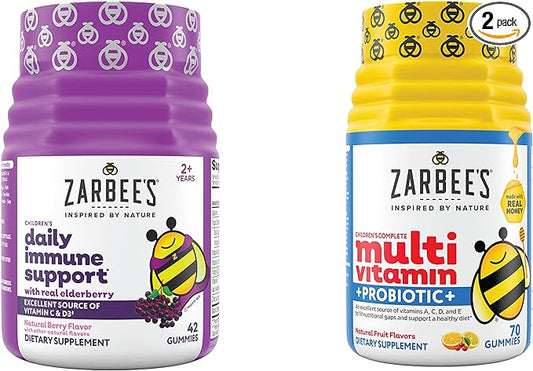 Zarbee's Kids Daily Immune Support & Kids Multivitamin + Probiotic Multipack, Immune Support Gummies with Elderberry, Vitamin C & Zinc, 42 ct, & Children's Vitamins + Probiotic Gummies, 70 ct, 2 Items