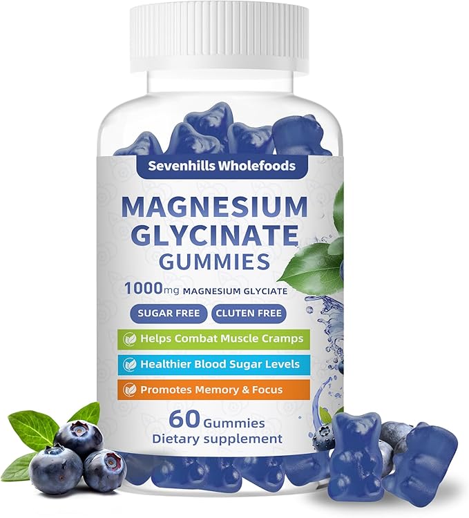 Magnesium Glycinate Gummies 1000mg - Sugar Free Magnesium Potassium Supplement for Relaxation, Calm, Stress Relief, and Sleep Support for Adults & Kids - 60 Blueberry Gummies