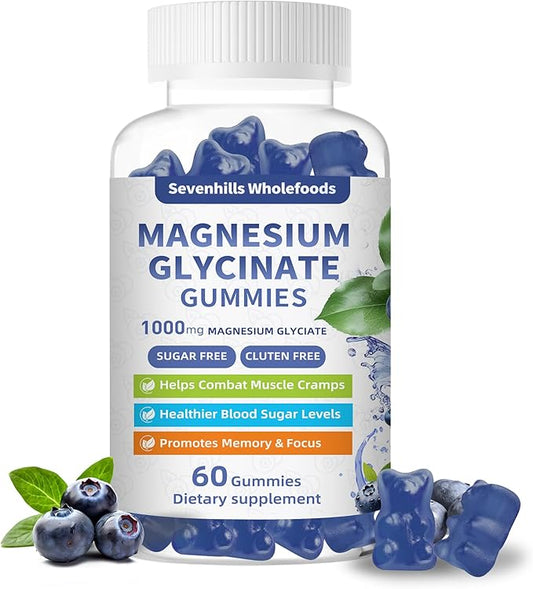 Magnesium Glycinate Gummies 1000mg - Sugar Free Magnesium Potassium Supplement for Relaxation, Calm, Stress Relief, and Sleep Support for Adults & Kids - 60 Blueberry Gummies