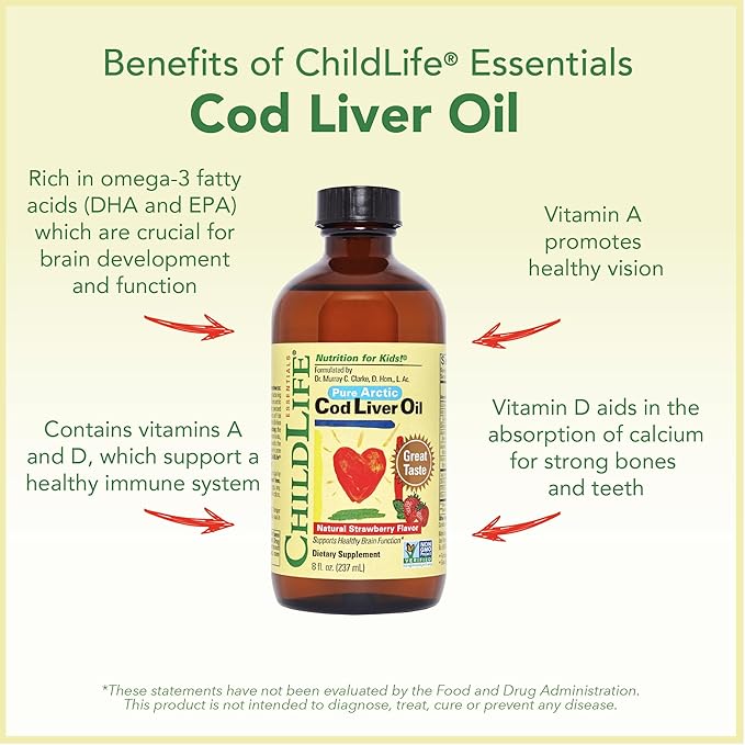 CHILDLIFE Essentials Cod Liver Oil for Kids - Kids Cod Liver Oil Liquid, Arctic Cod Liver Oil for Babies 6+ Months, Toddlers, & Kids, Added DHA, EPA, Omega-3 Fatty Acids - Strawberry, 8 fl oz