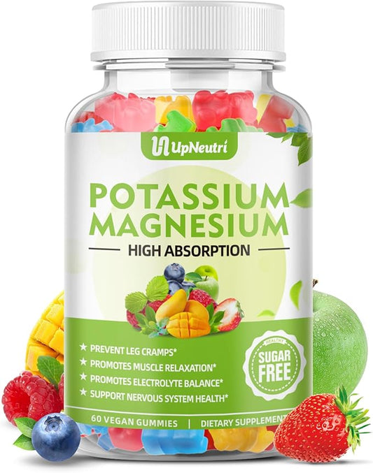 Potassium Magnesium Supplement Gummies for Adults Kids, Sugar-Free Potassium Gummies Supports Leg Cramps & Muscle & Immune Health, High Absorption Vegan Magnesium Gummies 5 Fruit Flavor 60 Cts