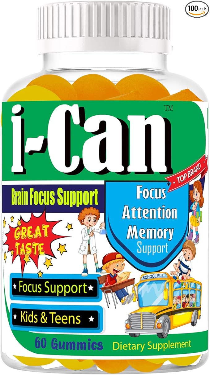 I-Can Brain Booster Supplement for Kids & Teens, Brain Support Focus Vitamins, Gummy Vitamins for Kids, Great Taste Memory Supplement for Brain, Omega 3 Gummies for Kids 60 Gummies