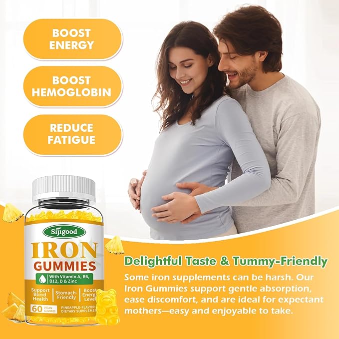 Iron Gummies for Women & Men - Vegan Iron Supplement for Anemia & Iron Deficiency, with Vitamin B12, Vitamin C, Zinc, Folate - Energy Boost, Sugar-Free, Pineapple Flavor, 60 Count