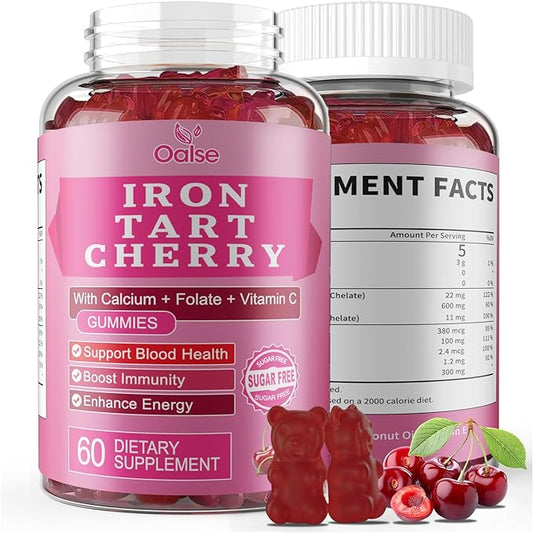 Tart Cherry Iron Supplement for Women & Men, Iron Gummies with Calcium, Zinc, Folate & Vitamin C & B12 for Immune Support, (60 Count) - Sugar Free,Vegan (Tart Cherry Flavor)