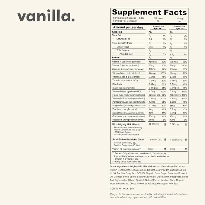 Vanilla Mighty Milk - Kids All-in-One Daily Protein Powder & Multivitamin Boosted with 2 Billion Probiotics & Organic Spinach - Natural Flavors, Colors & Sweeteners - 15-30 Servings