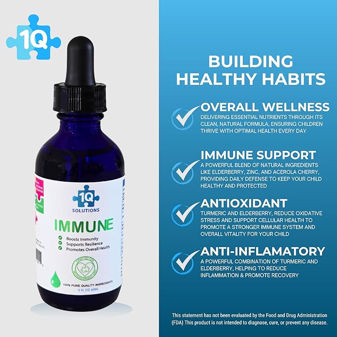 Immune - Kids Immune Support Liquid Drops with Elderberry Extract, Turmeric & Acerola Cherry | 100% Natural, Sugar Free, Vegan, Gluten Free & Non-GMO | Advance Absorption | Easy-to-Take |2 Fl Oz