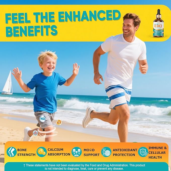 Vitamin D3 Drops for Adults & Kids, Liposomal Vitamin D3 K2 MK-7 w/ Vitamin A & E - High Absorption Liquid K2 D3 Vitamin Supplement for - Calcium Absorption, Strong Bones, Teeth & Immune Health 2 Pack