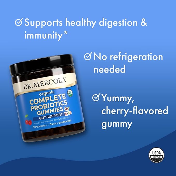 Dr. Mercola Organic Complete Probiotics Gummies for Kids, 30 Servings (30 Gummies),1 Billion CFU per Gummy, Natual Cherry Flavor, Dietary Supplement,Digestive Support, Non-GMO