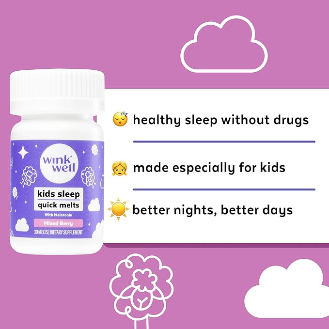 Wink Well Kids Melatonin Chewable Melts- Baby Sleep Aid Chews with Melatonin 1mg- Quick Deep Toddler Sleep Aid, Drug-Free-Fast, Non-Habit-Forming Kids Melatonin Dissolve Tablets- 30 Melts