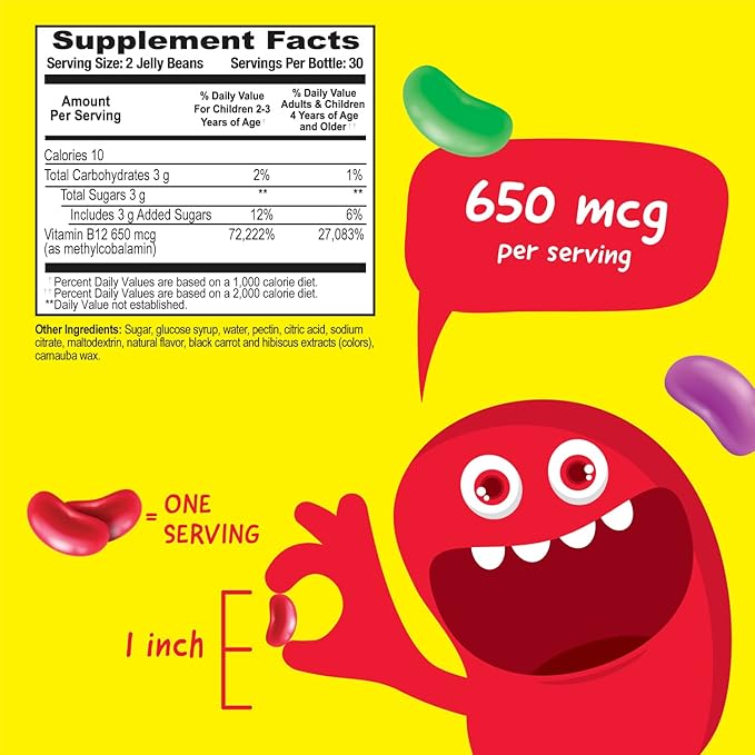 Vitamin B12 650mcg Jelly Beans for Kids - Tasty Natural Berry Blast Flavor - Vegan, GMO-Free, Gluten Free, Nut Free - Dietary Supplement - Energy Support for Children - 60 Jellies
