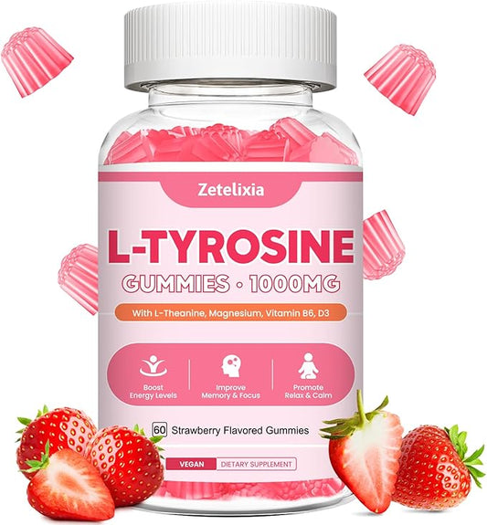 10 in 1 L Tyrosine Gummies, L-Tyrosine Supplement, L-Theanine Gummies with Vitamin B6 D3, Tyrosine Supplement Support Cognitive, Memory, Energy, Mood for Adult & Kids, Strawberry Flavor, 60 Ct