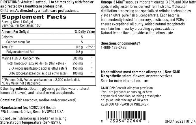 Klaire Labs Omega-3 Mini - Ultra Pure, Easy to Swallow Fish Oil Gels for Kids & Adults 150 Milligrams EPA / 100 Milligrams DHA Omega 3 Fatty Acids, Lemon Flavor for No Fishy Burps (100 Softgels)