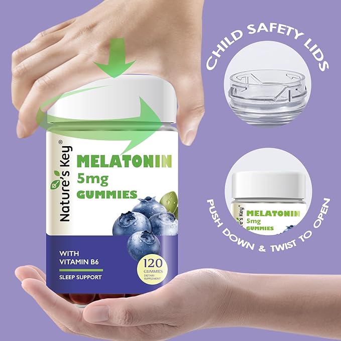 Nature's Key Melatonin Gummies for Kids & Adults, 2.5mg 5mg or 10mg Dose Gummy with Vitamin B6, Natural Blueberry Flavor 120 Ct