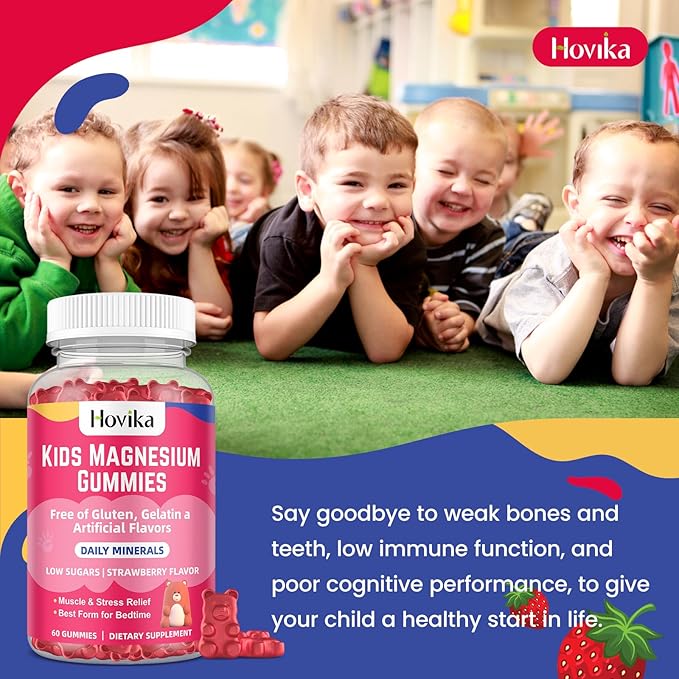Magnesium Citrate Gummies for Kids - Great Tasting Kids Magnesium Calm Supplement Support Nerve & Bone Health, Strong Muscle for Kids Wellness, Vegan Strawberry Flavor Low-Sugar, 2 Pack-60 Count