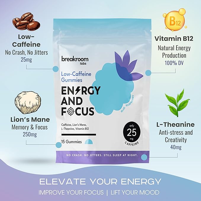 Energy and Focus Gummies – Low Caffeine 25mg w/L-Theanine, Lions Mane, Vitamin B12 – Nootropic Brain Supplement for Adults, Kids - Vegan, Low Sugar, Blue Raspberry Flavor, 30 Servings