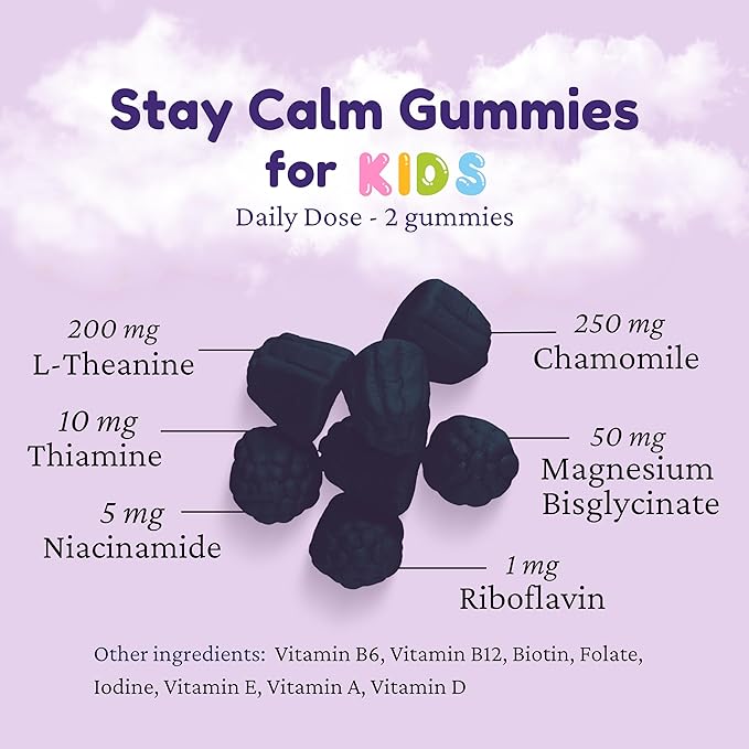 Dr. Klein's Stay Calm Kids Gummies – Magnesium Glycinate + Vitamin A, L-Theanine, Chamomile Extract – Promote Focus & Calm for Ages 5+ – Magnesium Gummies for Kids–Black Currant, Zero Sugar, 60 Count