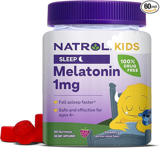Natrol Kids Melatonin 1mg, Supplement for Restful Sleep, Sleep Gummies for Children, 60 Raspberry-Flavored Melatonin Gummies, 60 Day Supply
