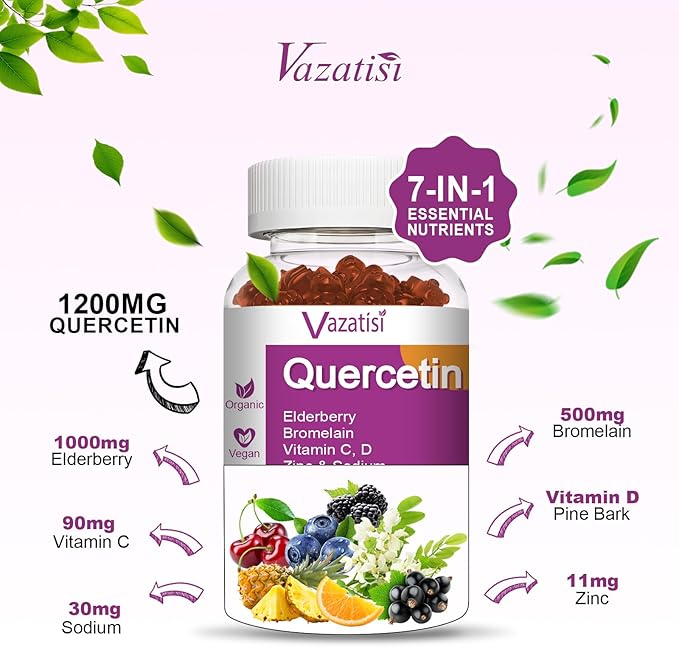 Quercetin Gummies, Quercetin with Vitamin C Zinc, Bromelain, Elderberry and Vitamin D, Immune Support Adults Kids, Women Men, 60 Gummies Chewable