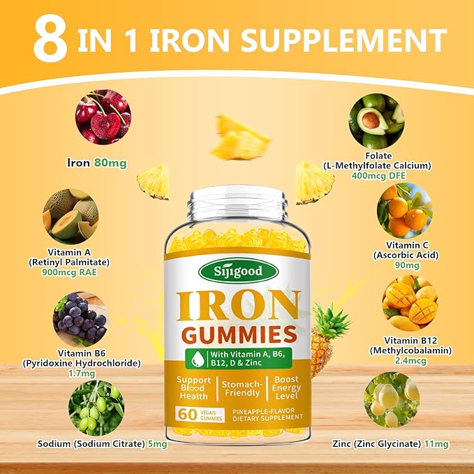 Iron Gummies for Women & Men - Vegan Iron Supplement for Anemia & Iron Deficiency, with Vitamin B12, Vitamin C, Zinc, Folate - Energy Boost, Sugar-Free, Pineapple Flavor, 60 Count