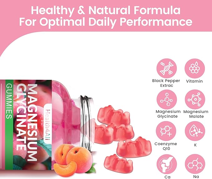 Magnesium Glycinate Gummies 1000mg, High Absorption Sugar Free Magnesium Potassium Supplement for Relaxation, Stress Relief, and Sleep Support for Adults & Kids - 90 Peach Gummies