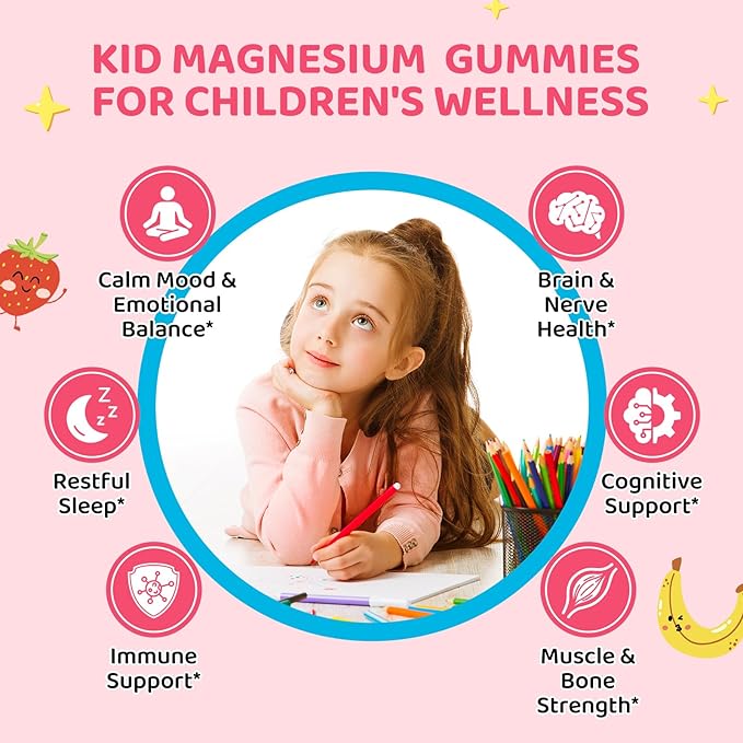 Kids Magnesium Gummies - Magnesium Glycinate Supplement Gummies with L-Theanine, Chamomile & Multivitamins for Sleep, Calm & Focus - Strawberry Banana Center-Filled Gummies 60 ct
