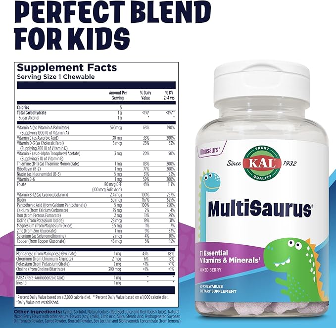 KAL MultiSaurus Kids Chewable Multivitamins, 11 Essential Vitamins and Minerals for Kids, Mixed Berry Flavor, Gluten and Preservative Free, 60 Servings, 60 Dinosaur-Shaped Chewables