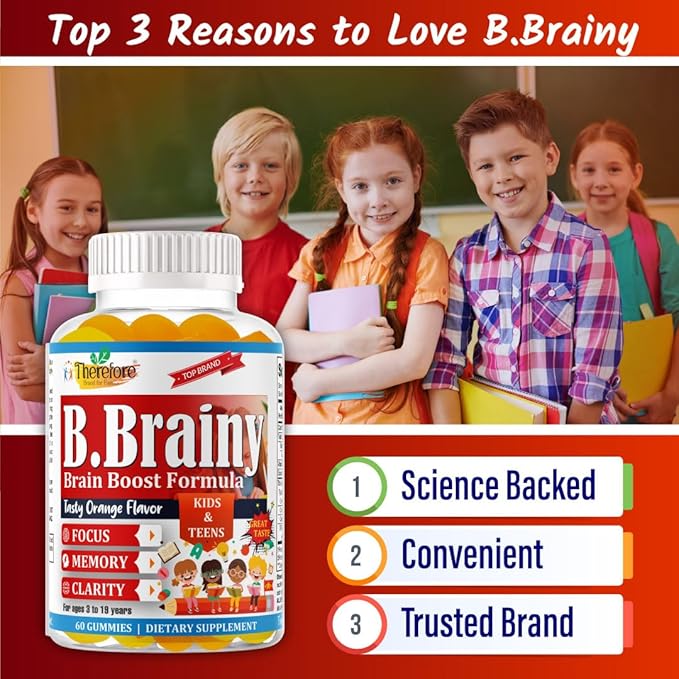 B.Brainy Brain Focus Gummies for Kids & Teens, Attentive Child Supplement, Brain Focus Vitamins for Kids & Teens, Vegan Omega 3 EPA/DHA, Support Memory, Clarity, Concentration, Low Sugar 60 Gummies