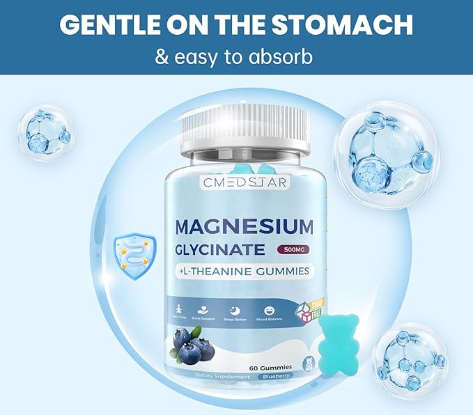 Magnesium Glycinate Gummies with L-Theanine, Ashwagandha & Chamomile Extract, Calm, Sleep, Stress Relief for Adults & Kids, Sugar-Free, Vegan, Blueberry Flavor, 60 Count