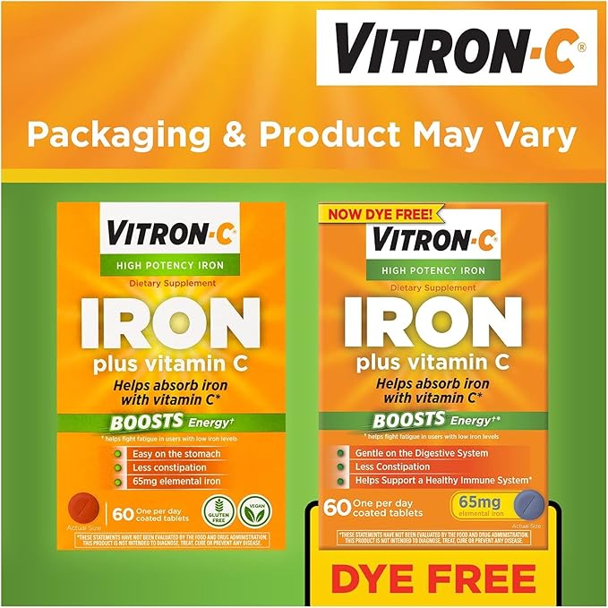 Vitron-C High Potency Iron Dietary Supplement Plus Vitamin C, 60 Coated Tablets (Pack of 3)