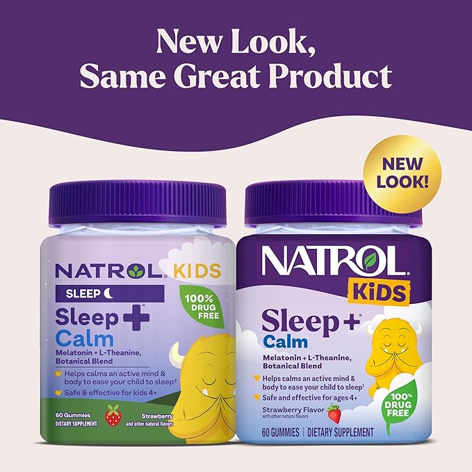Natrol Kids Sleep+ Calm, Melatonin and L-Theanine, Supplement for Restful Sleep and Calming, Sleep Gummies for Kids, 60 Strawberry-Flavored Melatonin Gummies, 60 Day Supply