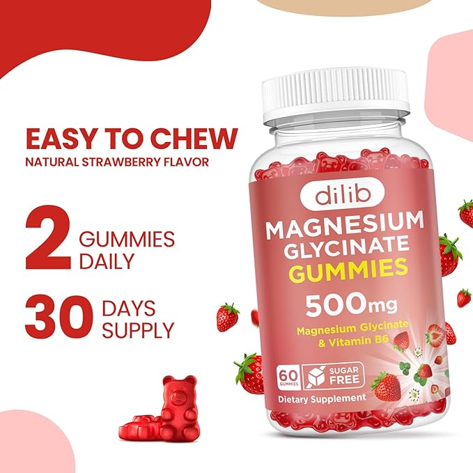 Magnesium Glycinate Gummies 500mg - Magnesium Supplement with Vitamin B6 for Adults & Magnesium for Kids - Calm Magnesium for Sleep, Mood, Muscle Support - Strawberry Flavor, 60 Gummies