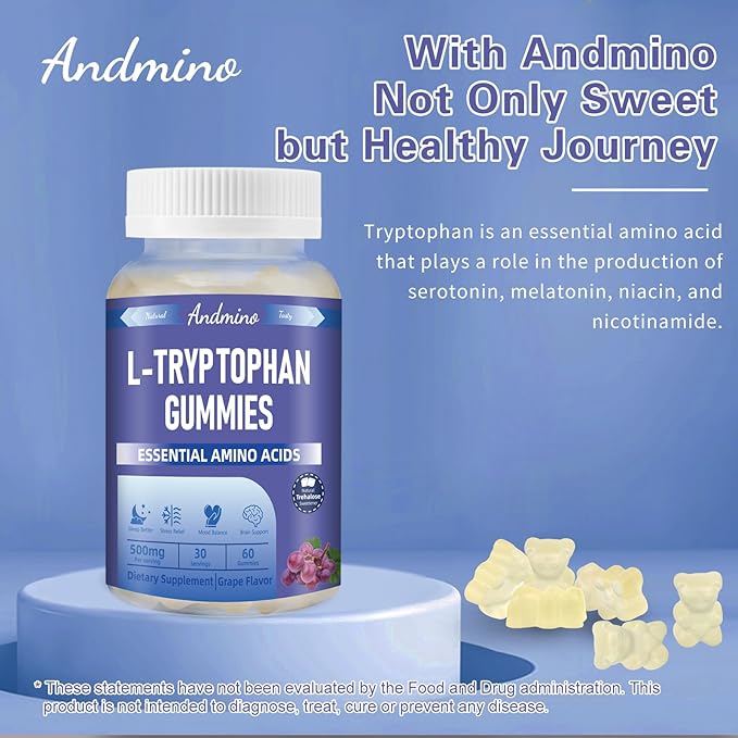 L Tryptophan Gummies 500mg, with Trehalose, for Natural Relaxation & Serotonin Support, for Adults & Kids, Non-GMO, Vegan, Gluten Free, Grape Flavor, 60