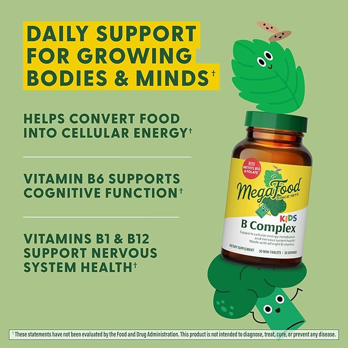 MegaFood Kids B Complex - B Complex Vitamin Supplement, 8 B Vitamins - Vitamin B6, Vitamin B12, Folate, Biotin & More, Supports Cellular Energy Production, Vegetarian, Gluten Free – 30 Mini Tablets