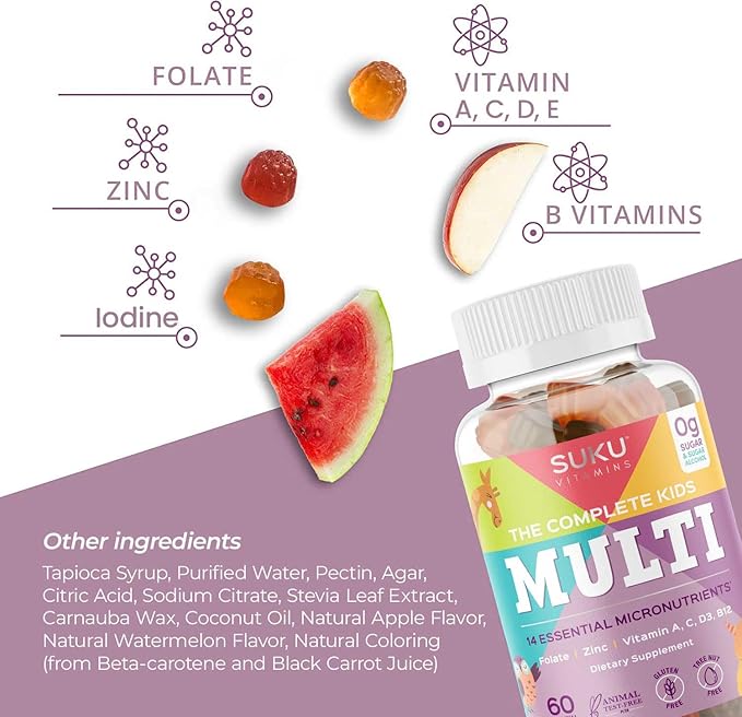 SUKU The Complete Kids Multivitamin Gummies – Vitamins A, C, D, E, B6, B12, Folate & Zinc – Immune Support, Sugar-Free, Gluten-Free, Non-GMO, Tropical Bonanza Flavor – 60 Count