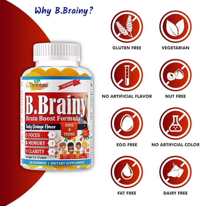 B.Brainy Brain Focus Gummies for Kids & Teens, Attentive Child Supplement, Brain Focus Vitamins for Kids & Teens, Vegan Omega 3 EPA/DHA, Support Memory, Clarity, Concentration, Low Sugar 60 Gummies