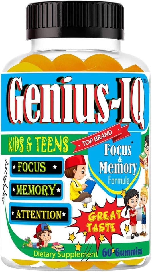 Genius IQ Kids Brain Supplements for Memory and Focus Omega 3-6-9, EPA DHA Gummy Vitamins, Brain Booster Calm Gummies,Supports Concentration, Clarity, Attention and Mood 60 Gummies