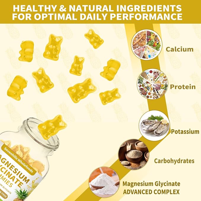 Magnesium Glycinate Gummies 1000mg - Sugar Free Magnesium Potassium Supplement for Relaxation, Calm, Stress Relief, and Sleep Support for Adults & Kids - 60 Pineapple Gummies