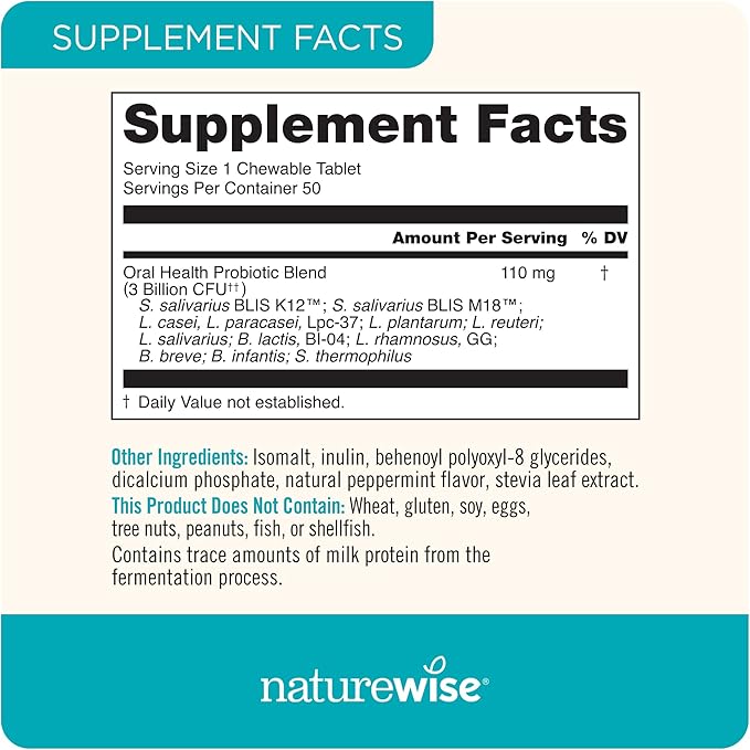 NatureWise Oral Probiotics for Teeth & Gums & Fresh Breath* - Chewable Sugar-Free Mint Tablet - Dental Support for Kids & Adults w/ BLIS K12 & M18 - Non-GMO - 50 Count[50-Day Supply]