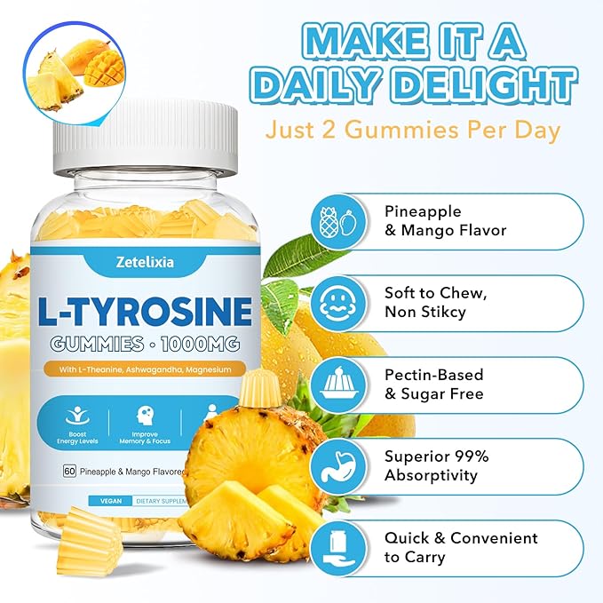 10 in 1 L Tyrosine Gummies, L-Tyrosine Supplement Gummies, L-Theanine with Vitamin B6 D3, Tyrosine Supplement Support Brain, Memory, Energy, Mood for Adult & Kids, Pineapple & Mango Flavor, 60 Ct