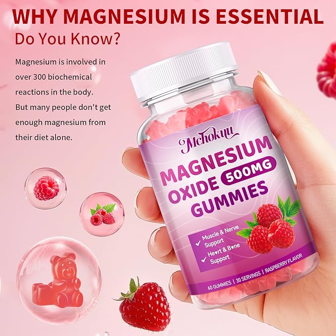 Magnesium Oxide Gummies 500mg, Sugar Free Chewable Magnesium Oxide Supplement for Adults & Kids, Nerve Support & Energy Boost, Non-GMO, Raspberry Flavor, 60 Count