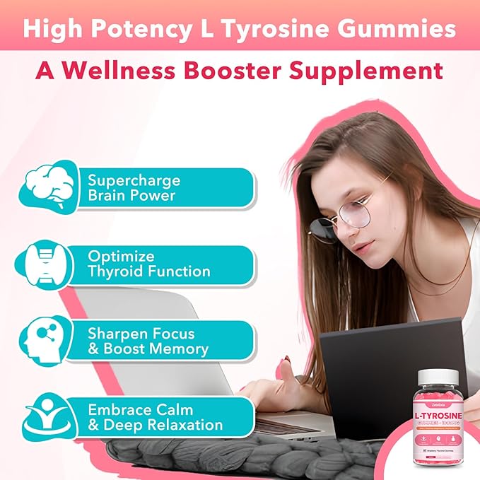 10 in 1 L Tyrosine Gummies, L-Tyrosine Supplement, L-Theanine Gummies with Vitamin B6 D3, Tyrosine Supplement Support Cognitive, Memory, Energy, Mood for Adult & Kids, Strawberry Flavor, 60 Ct