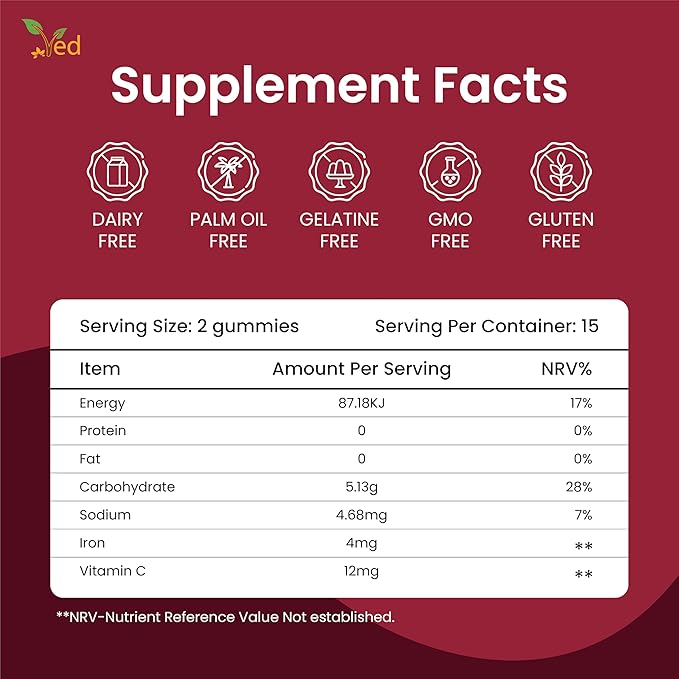 Ved Kids Iron Gummies for Iron Supplement, Energy & Immune System – Vegan - 15 Days Supply, 30 Chewable Kids Vitamins Gummies.(15 Days Supply)
