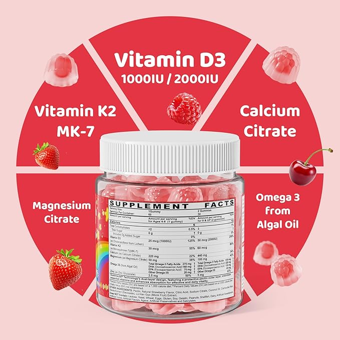 Kids Vitamin D3 K2 Filled Gummies 1000IU/2000IU D3 + K2(MK-7) with Calcium, Magnesium & Algal Omega 3(EPA/DHA) for Bones, Teeth, Muscles, Brain, Kids 4+ Vitamins (Low Dose Perfect For Adults), 60 Cts